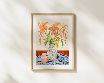 Lilies, Orange, Flower, Bloom, Vase, Plant, Illustration, Realism, Modern Art, Printable Art, Painting, Home