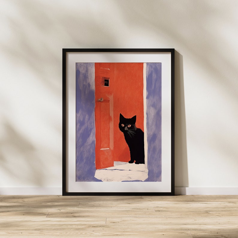 Black Cat, Pet, Animal, Pet Lover, Red, Purple, Modern Art, Painting, Illustration, Realism, Wall Art image 2