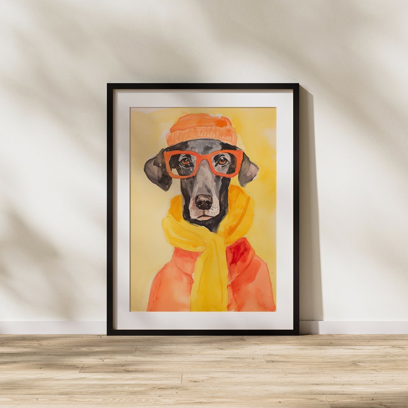 Dog, Winter, Cozy, Animal, Pet, Yellow, Red, Printable Art, Wall Art, Illustration, Unique, Pet Lover, Wall Art, Fun, Dog With Clothes image 2