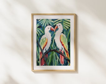 Parrots, Animal, Colorful, Couple, Love, Tropical, Jungle, Modern Art, Illustration, Painting, Printable Art, Plants, Palm, Leaves