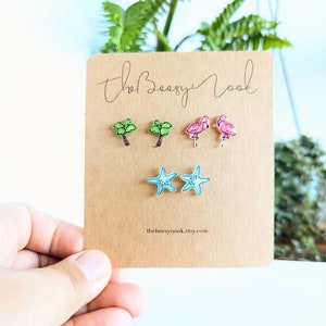 KAWAII Stud Earrings Set - Cute Vacation Summer Beach Vibe, palm tree flamingo starfish hand-drawn handmade jewelry