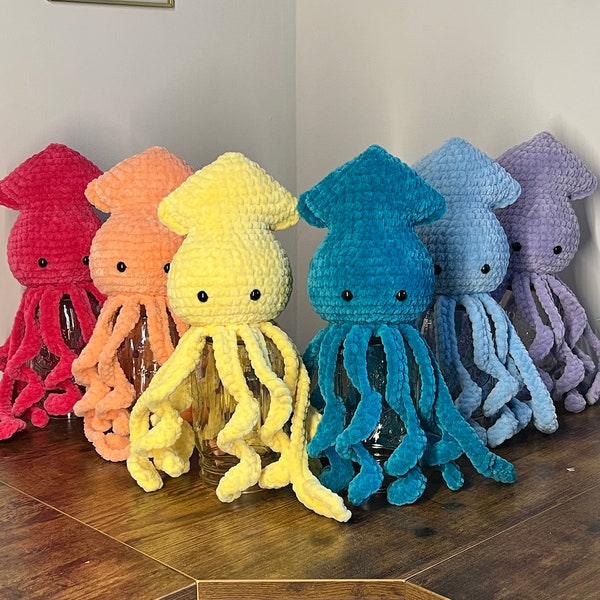 Handmade Stuffed Squid Plush - Squid Amigurumi Crochet Toy - Multiple Colors