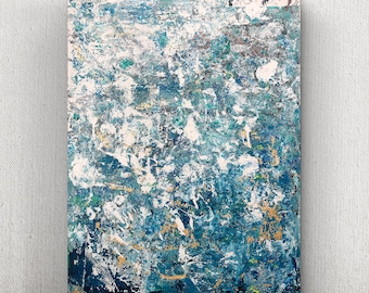 May include: Abstract painting with a blue, white, and gold color scheme. The painting has a textured surface and a variety of brushstrokes.