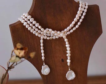 Long Freshwater Baroque Pearl Lariat Necklace: 18k Gold Plated French Vintage Style