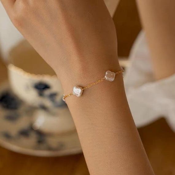 Baroque Pearl Clover Bracelet: 925 Sterling Silver Chain, Adjustable
