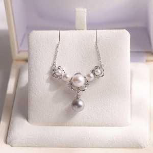 Silver Pearl Camellia Necklace: CZ Floral Pendant, Bridal Jewelry