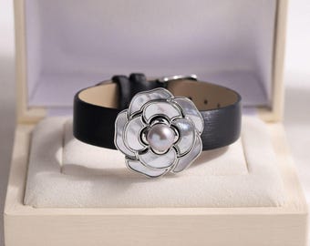 Perlen Armband Kamelie: Vintage Schwarzer Leder Armreif