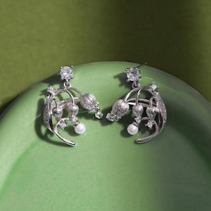 Lily of the Valley Pearl Earrings: Rhodium Plated Cubic Zirconia Floral Drop