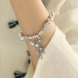 999 Silver Celestial Moon Beads Charm Bracelet, Handmade Celestial Jewelry Gift for Women, 925 Silver Beads Charm Bracelet