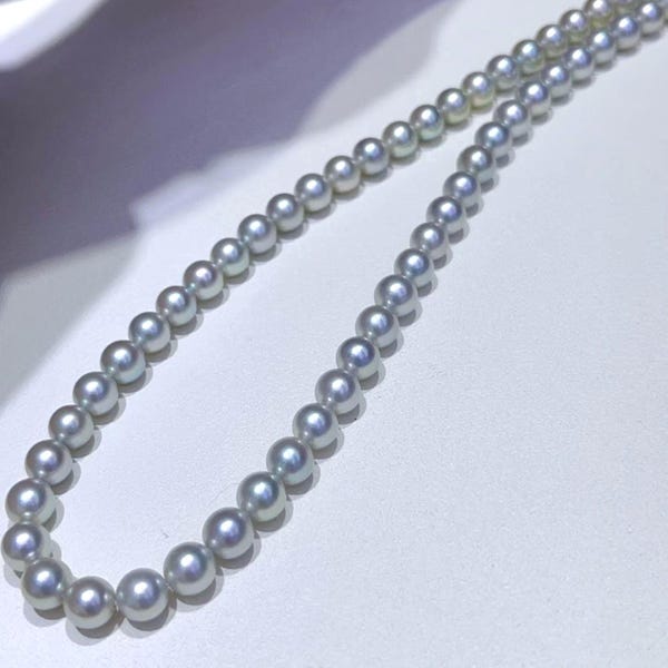 Silver Blue Akoya Pearl Necklace, 6.5–7mm Japanese Madama Pearl Strand | Fine Jewelry Gift for Her