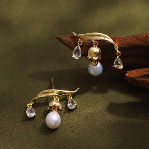 Lily of the Valley Pearl Earrings: Gold Floral Dangle Studs