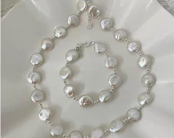Silver Coin Baroque Pearl Necklace Bracelet Set: Minimalist Freshwater Jewelry