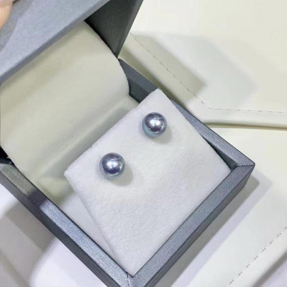 18K Gold Akoya Pearl Earrings: 8.5-9mm Silver Blue Japanese Pearls