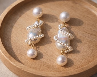 Vinge Inspired Baroque Pearl Drop Earrings, Gold Plated Lustre Large Flameball Pearl Jewelry