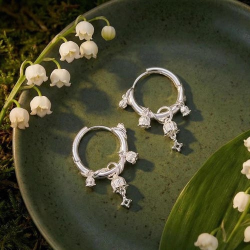 Lily of the Valley Hoop Earrings: Minimalist Silver Floral Jewelry Gift