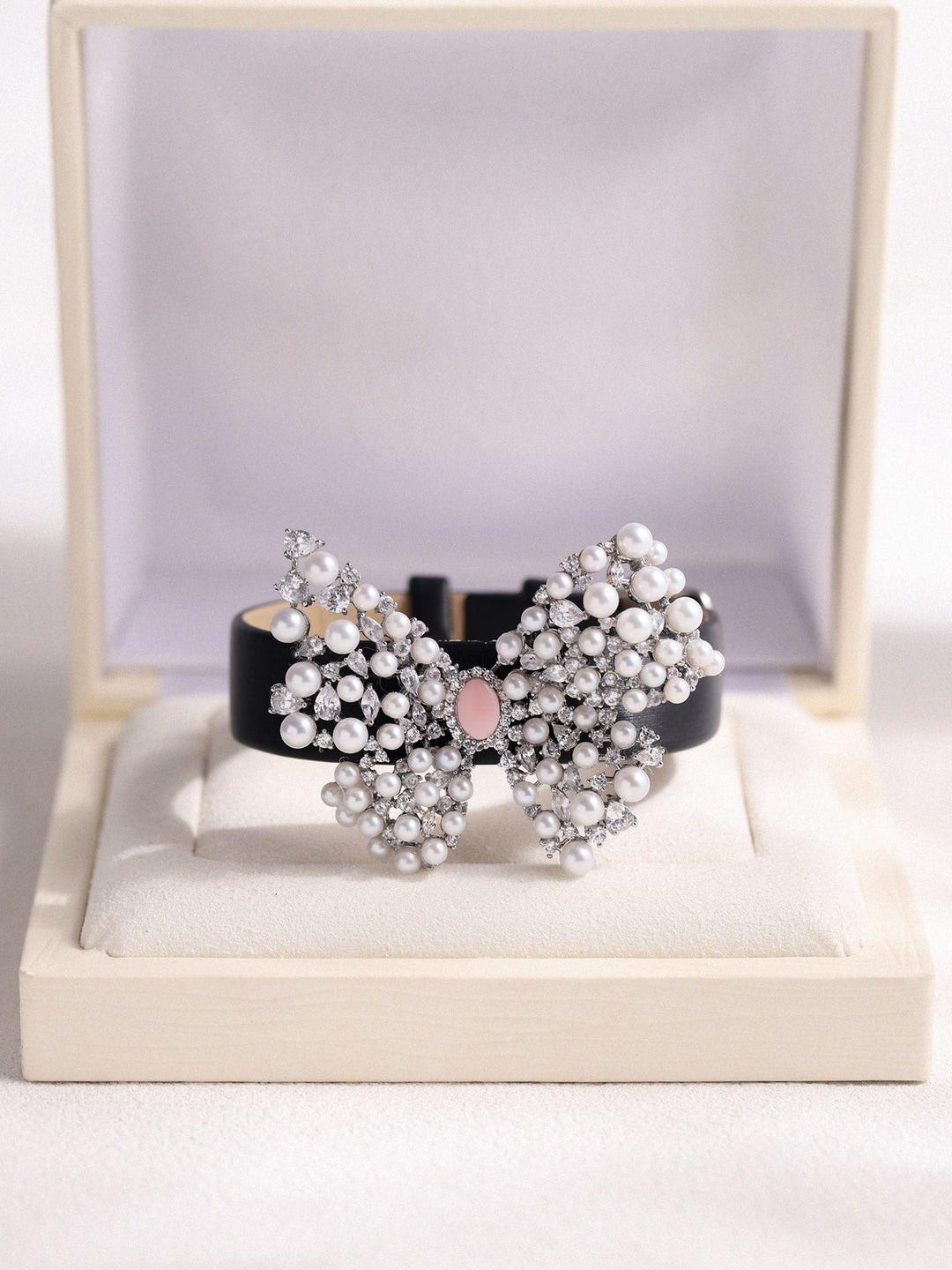 Butterfly Leather Bangle: Gothic Punk Bracelet With Pearl Bow - Etsy