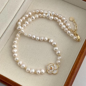 Baroque Pearl Camellia Flower Necklace: 14K Gold-Plated, Long Strand