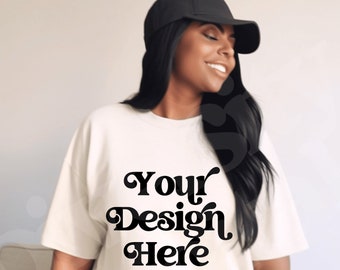 Black Girl Model Ivory Comfort Colors CC17 Plus Size Black Model CC1717 Oversized Boyfriend Fit Lifestyle Mockup Black Girl Aesthetic Mockup