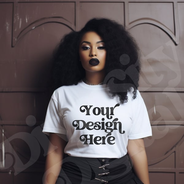 Goth Clothing Mockup, White Bella Canvas Mockup, Black Girl Model Goth Mockup, Alternative Goth Woman T-Shirt, Gothic T-Shirt Witchy Mockup