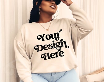 Plus Size Gildan 18000 Sweatshirt Mockup, Sand Beige (Digital Download)