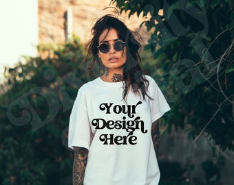 White Comfort Colors Mockup CC1717 White Oversized Boyfriend Fit Trendy Lifestyle Mockup Indie Boho High Fashion Aesthetic Mockup