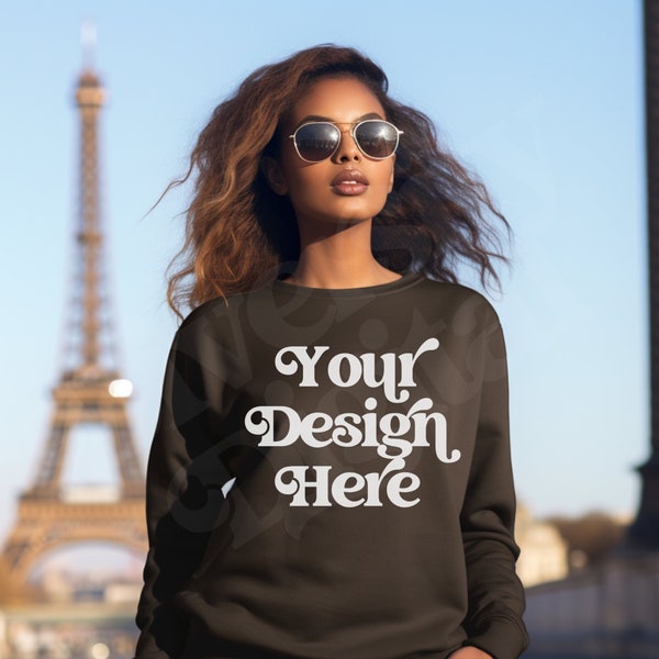 Black Girl Model, Black Gildan 18000 Mockup, Paris Sweatshirt Mockup, Gildan Mockup, Diverse Mockup, African American Mockup, France Mockup