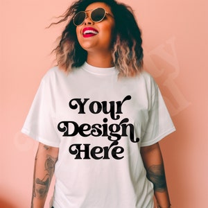 Black Girl Model White Comfort Colors CC17 Plus Size Black Model CC1717 Oversized Boyfriend Fit Lifestyle Mockup Black Girl Aesthetic Mockup