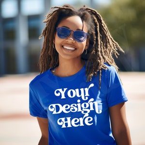 Black Girl Model, Diverse Mockups, Royal Blue Bella Canvas Mockup, Black Model TShirt Mockup, African American Mockup, Outdoors Mockup