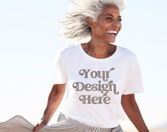 Senior Black Woman Mockup, White Bella Canvas 3001, Older Lady Mockup, White  T-Shirt Grandma Mockup, Senior Retirement Grandmother Mockup