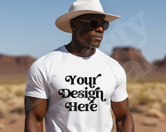 White Gildan 64000 Mockup, Black Male Model TShirt Mockup, Diverse Mockups, Black Cowboy Mens Mockup, TShirt Male Mockup, Western Mockup
