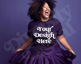 Plus Size Black Model Mockup, Purple Bella Canvas 3001, Plus Size Mockup, Black Girl Mockup, African American Model Aesthetic Mockup