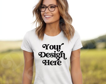 White Gildan 64000L T-Shirt Mockup, Female Model (PNG, JPG)
