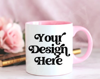 11 oz Mug Mockup, Blank White Mug Mockup, Coffee Mug Mockup, White Ceramic Cup Pink Mug Mockup, Pink Handle Mug Mockup, Pink Mug Mockup