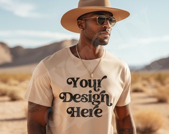 Black Cowboy Mockup, Tan Bella Canvas Mockup, Black Male Mens T-Shirt Mockup, Western Mockup, Diverse Mockup, Desert Outdoors Mockup