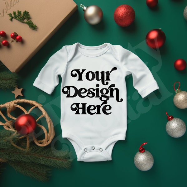 Christmas Baby Infant Long Sleeve Bodysuit Flat Lay Mockup, Holiday Baby Mockup, White Bodysuit Mockup, Flatlay Long-sleeved Baby Mockup