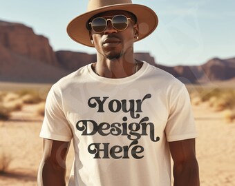 Black Cowboy T-Shirt Mockup, Desert Scene (PNG, JPG)