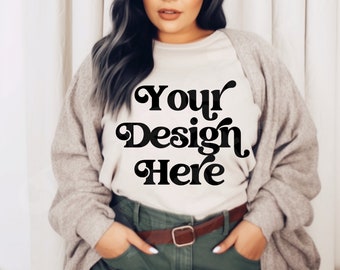 Plus Size Black Model Natural Bella Canvas T-Shirt Mockup, Diverse Mockups, Black Girl Mockup, Plus Size Aesthetic Lifestyle Fashion Mockup