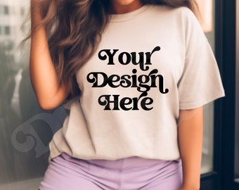 Black Girl Model Ivory Comfort Colors CC17 Plus Size Black Model CC1717 Oversized Boyfriend Fit Ivory Mockup Black Girl Aesthetic Mockup