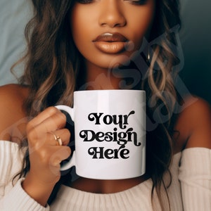 15 oz Mug Mockup, Black Girl Model Blank Mug Mockup, Black Model Coffee Mug Mockup, White Ceramic Cup Mockup, Diverse Model Mug Mockup