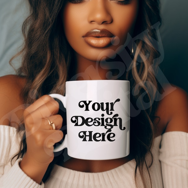 15 oz Mug Mockup, Black Girl Model Blank Mug Mockup, Black Model Coffee Mug Mockup, White Ceramic Cup Mockup, Diverse Model Mug Mockup