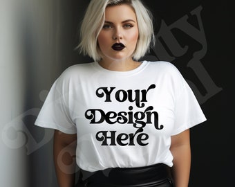 Plus Size Goth Kleidung Mockup, weiße Bella Canvas Mockup Gothic, Grunge T-Shirt Mockup, Plus Size Model, Rock Mockup, Goth Mockup