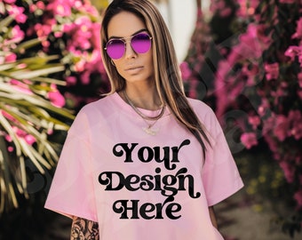 Blossom Comfort Colors CC17 Pink Shirt Mockup CC1717 Oversized Boyfriend Fit Pink Mockup Lifestyle Outdoors Aesthetic Mockup Edgy Mockup