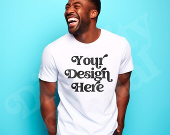 White Gildan 64000 Mockup, Black Male Model TShirt Mockup, Diverse Mockups, Black Mens Mockup, White TShirt Male Gildan 64000 Mockup