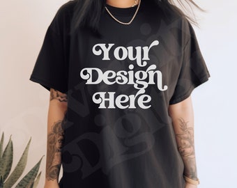 Black Comfort Colors CC17 Mockup, CC1717 Black Oversized Boyfriend Fit Trendy Lifestyle Mockup, Indie Boho Fashion Aesthetic Mockup