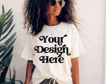 Black Girl Model Ivory Comfort Colors CC17 Black Woman Ivory CC1717 Oversized Boyfriend Fit Lifestyle Mockup Black Girl Aesthetic Mockup