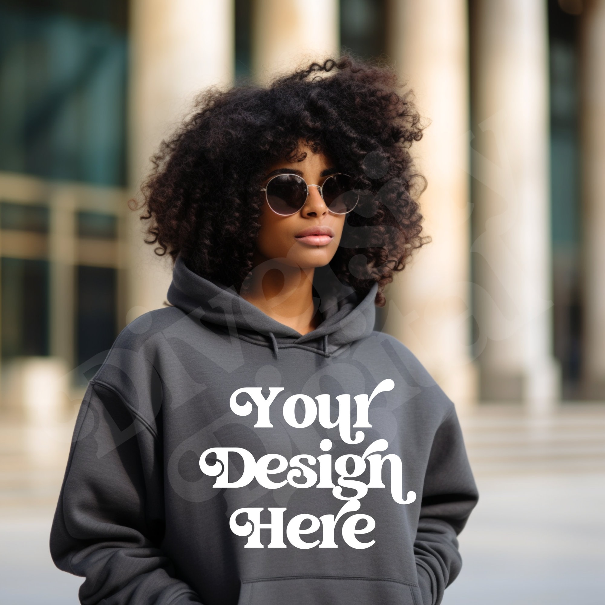 Charcoal Gildan 18500 Hoodie Mockup, Black Girl Model Hoodie