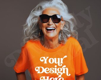 Mockup oranje Gildan T-shirt senior vrouw (PNG, JPG)