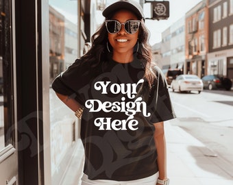 Black Girl Model Comfort Colors CC17 Black Woman Model CC1717 Oversized Boyfriend Fit Lifestyle Mockup, Black Girl Aesthetic Mockups