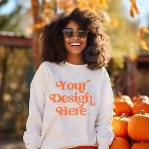 Gildan 18000 Mockup White, Fall Sweater Mockup, Fall Mockup, Black Girl Model Sweatshirt Mockup, Diverse Mockup, African American Mockup