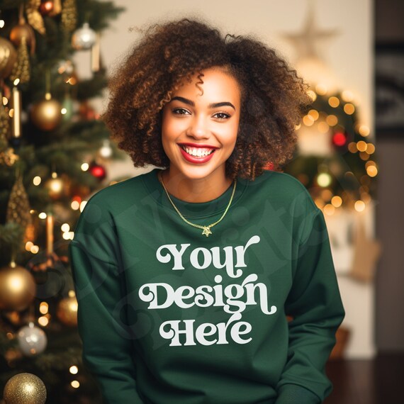 Forest Green Christmas Gildan 18000 Mockup, Black Girl Mockup, Diverse Xmas Mockups, Black Model Sweatshirt Mockup, African American Mockup